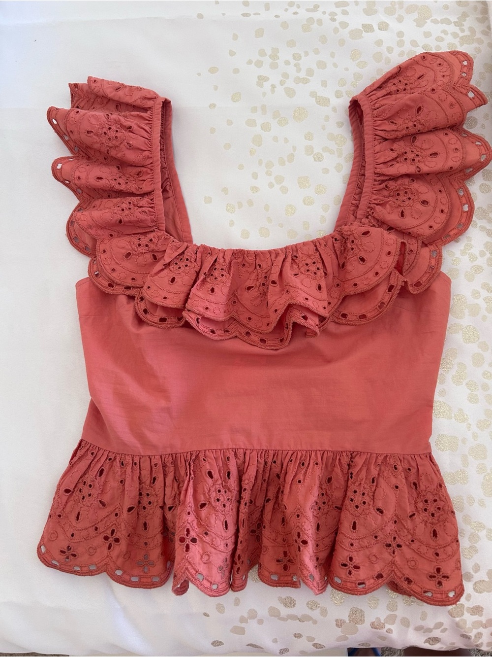 Express Coral Eyelet Ruffle Peplum Crop Top